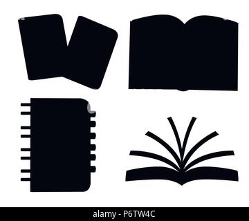 Black silhouette. Set of notebooks. Spiral and normal notebook. Flat vector illustration. Closed and opened notebooks. Flat vector illustration isolat Stock Vector