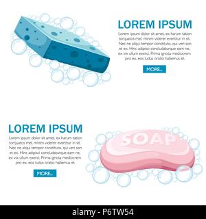 Blue shower sponge and pink soap bar. Foam bubbles. Colorful bath icon. Flat vector illustration on white background. Shower and bath concept design f Stock Vector