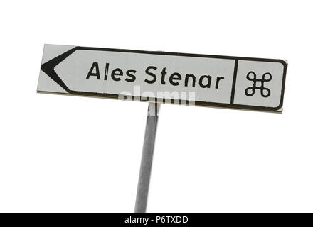 Signpost with direction to the stone ship Ales stones located near Kaseberga in the Swedish province of Scania. Stock Photo
