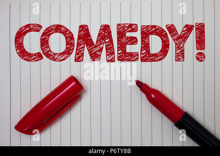 Word writing text Comedy Call. Business concept for Fun Humor Satire Sitcom Hilarity Joking Entertainment Laughing Notebook paper background open mark Stock Photo