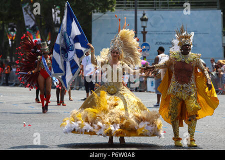 The participants of Tropical carnival 2018 in Paris , France. Over 4,000 dancers and a dozen floats from around the world participate in the parade. Stock Photo