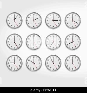 Office Wall Clocks Showing the Times of Day. Round Quartz Analog Wall Clock. Clock Face with Arabic Numerals. Vector Art Stock Vector