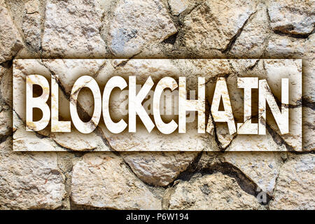 Writing note showing  Blockchain. Business photo showcasing Register Log Financial Statement Digital Data Technology Record Ideas message stone stones Stock Photo