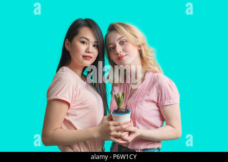 Smiling attractive multiracial young women looking at camera and holding potted plant over blue background Stock Photo