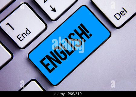 Word writing text English Motivational Call. Business concept for Relating to England its People or their Language Keyboard blue key Intention create  Stock Photo
