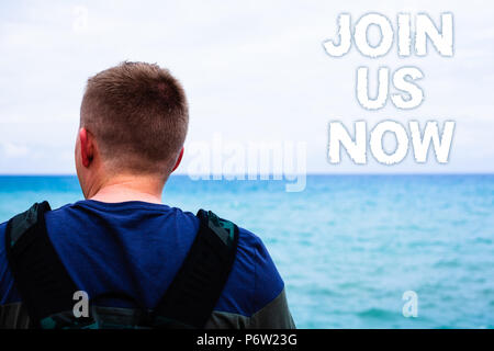 Text sign showing Join Us Now. Conceptual photo Enroll in community Register in website or form Recruit Blue beach water Messages Ideas Thoughts sky h Stock Photo