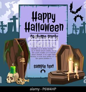 A poster on the theme of the Halloween holiday. Vintage wooden coffins and candles. Vector illustration. Stock Vector