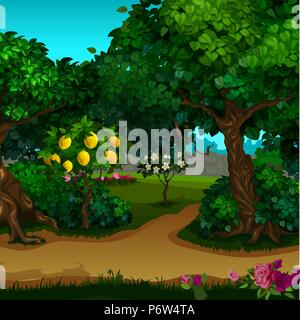 A garden with ripe fruit. Vector cartoon close-up illustration. Stock Vector