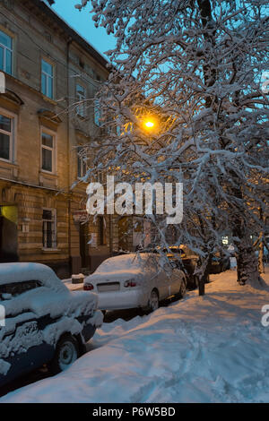 LVIV, UKRAINE - FEBRUARY 04, 2018: Beautiful early morning winter cityscape in the center of Lviv city. Stock Photo