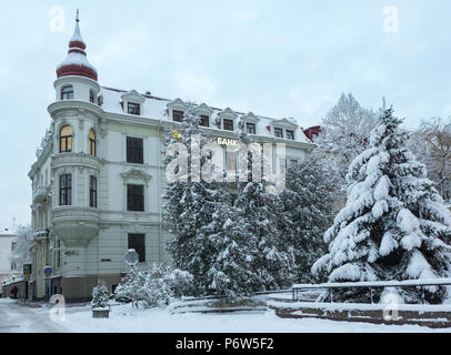 LVIV, UKRAINE - FEBRUARY 04, 2018: Beautiful early morning winter cityscape in the center of Lviv city. Stock Photo