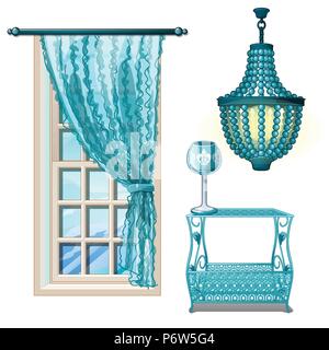Items vintage interior in turquoise color isolated on white background. Vector cartoon close-up illustration. Stock Vector