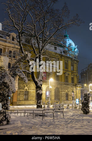 LVIV, UKRAINE - FEBRUARY 04, 2018: Beautiful night winter cityscape in the center of Lviv city. Some lens flare flrom lamps available. Stock Photo