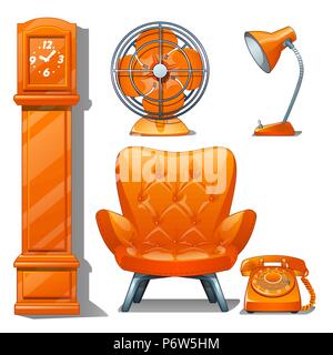 Set of quilted leather chair orange color, table lamp, fan, grandfather clock and telephone. Furniture for interior modern style isolated on white background. Vector cartoon close-up illustration. Stock Vector