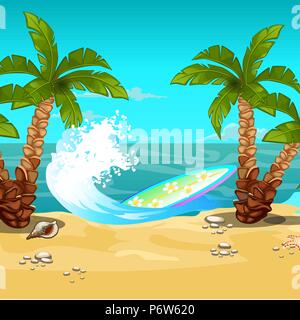 Tropical beach. Surfboard. Vector cartoon close-up illustration. Stock Vector