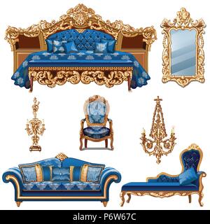A set of furniture blue color for vintage interior isolated on white background. Vector cartoon close-up illustration. Stock Vector