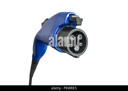 Close up of electric vehicle plug charging car isolated on white. Stock Photo