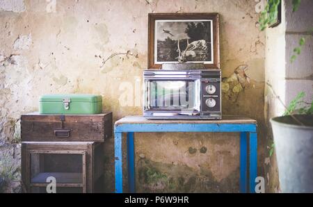 Furniture of a french rural restaurant in the sun Stock Photo