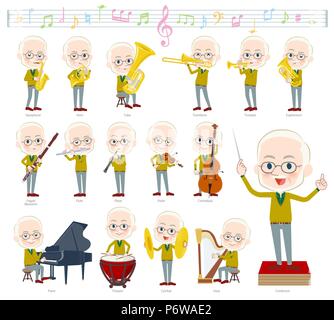 A set of old men on classical music performances.There are actions to play various instruments such as string instruments and wind instruments.It's ve Stock Vector