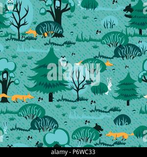 A cheerful pattern for children depicting a pine forest with red chanterelles and cute bunnies. seamless vector fabric design. Stock Vector