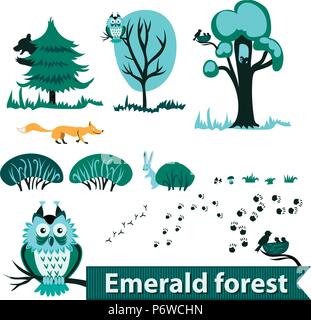 Set of vector elements from forest animals in the style of a card. Isolated image. Stock Vector