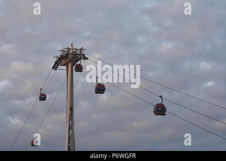 The Air Line sky tram above the River Thames between the London Docklands and North Greenwich, London, UK Stock Photo