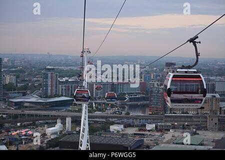 The Air Line sky tram above the River Thames between the London Docklands and North Greenwich, London, UK Stock Photo