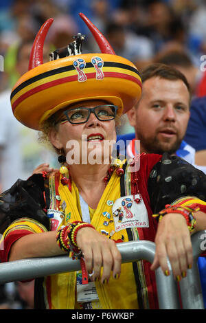 Rostov On Don, Russland. 02nd July, 2018. Belgian female fan, football fan, woman, female. Belgium (BEL) -Japan (JPN) 3-2, Round of 16, Round of 16, Game 54, on 02.07.2018 in Rostov on Don.Rostov Arena. Football World Cup 2018 in Russia from 14.06. - 15.07.2018. | usage worldwide Credit: dpa/Alamy Live News Stock Photo