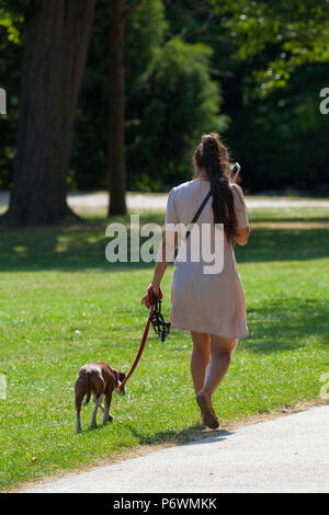 Hastings, East Sussex, UK. 3rd Jul, 2018. UK Weather: Hot and sunny start to the day in Hastings with lots of people walking in Alexandra park, landscaped by renowned gardener Robert Marnock in 1878. Covering 109 acres it is a grade 2 designated site. Temperatures are expected to exceed 21°C. Woman walking her dog on a lead in the park. Photo Credit: Paul Lawrenson / Alamy Live News Stock Photo