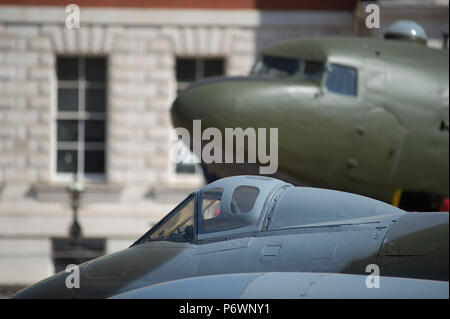 Horse Guards Parade, London, UK. 3 July, 2018. A variety of RAF aircraft from past and present are assembled on the central London parade ground as part of the RAF100 Aircraft Tour of Britain, celebrating the centenary of the RAF. Credit: Malcolm Park/Alamy Live News. Stock Photo