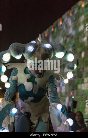 Jerusalem, Israel. 2nd July, 2018. A dancer with  glowing clothes performs at the old city during the 2018 Festival of lights. This is the 10th anniversary of the festival, which draws hundreds of thousands of visitors to the old city of Jerusalem, which is lit by many light sculptures and shows Credit: Yagil Henkin/Alamy Live News Stock Photo