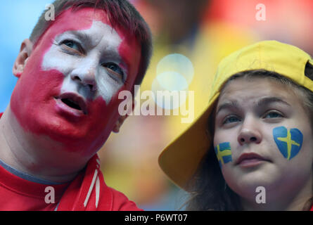 Saint Petersburg, Russia. 3rd July, 2018. Fans are seen prior to the 2018 FIFA World Cup round of 16 match between Switzerland and Sweden in Saint Petersburg, Russia, July 3, 2018. Credit: Yang Lei/Xinhua/Alamy Live News Stock Photo