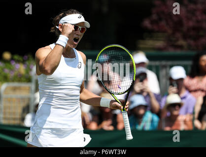 Wimbledon, London, UK. 3rd July, 2018. Samantha Stosur of Australia celebrates after the women's singles first round match against Peng Shuai of China at the Championship Wimbledon 2018 in London, Britain, on July 3, 2018. Samantha Stosur won 2-0. (Xinhua/Tang Shi) Credit: Xinhua/Alamy Live News Stock Photo