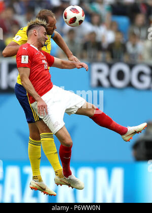 Saint Petersburg, Russia. 3rd July, 2018. Josip Drmic (front) of Switzerland competes during the 2018 FIFA World Cup round of 16 match between Switzerland and Sweden in Saint Petersburg, Russia, July 3, 2018. Credit: Xu Zijian/Xinhua/Alamy Live News Stock Photo