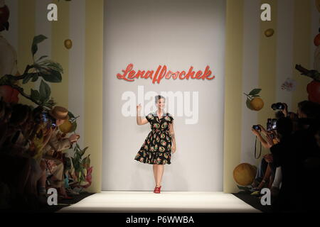 Germany, Berlin. 03rd July, 2018. The Designer Lena Hoschek at the Fashion week. Until July 7, 2018 designers will be showing their collections in the Capital. Credit: Jörg Carstensen/dpa/Alamy Live News Stock Photo