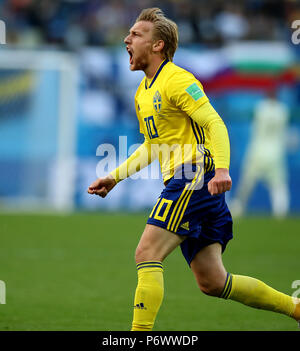 Saint Petersburg, Russia. 3rd July, 2018. Emil Forsberg of Sweden celebrates scoring during the 2018 FIFA World Cup round of 16 match between Switzerland and Sweden in Saint Petersburg, Russia, July 3, 2018. Credit: Wu Zhuang/Xinhua/Alamy Live News Stock Photo