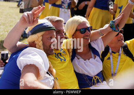 St. Petersburg, Russia, 3rd July, 2018. Swedish football fans before the 1/8 final match of FIFA World Cup Russia 2018 Sweden vs Switzerland Stock Photo