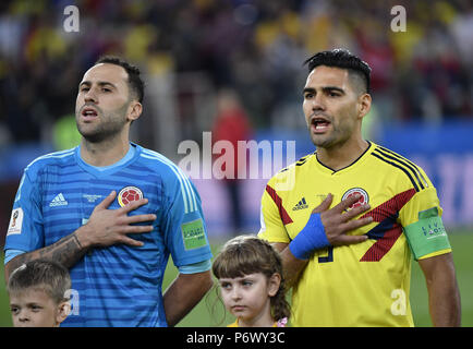 Moscow, Russia. 3rd July, 2018. Colombia's Radamel Falcao (R) and goalkeeper David Ospina sing national anthem prior to the 2018 FIFA World Cup round of 16 match between England and Colombia in Moscow, Russia, July 3, 2018. Credit: He Canling/Xinhua/Alamy Live News Stock Photo