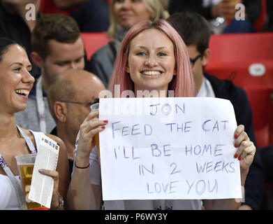 Moscow, Russia. 3rd July, 2018. A fan is seen prior to the 2018 FIFA World Cup round of 16 match between England and Colombia in Moscow, Russia, July 3, 2018. Credit: He Canling/Xinhua/Alamy Live News Stock Photo