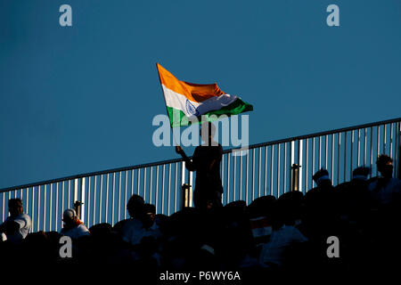 Manchester, UK. 3rd July 2018. An Indian fan in the crows during the 1st International T20 match between England and India at Old Trafford, Manchester, England on 3 July 2018. Photo by Brandon Griffiths. Credit: Brandon Griffiths/Alamy Live News Stock Photo