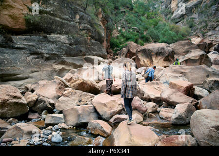A team of visitors exploring the El Vergel Canyon in Torotoro National Park, Bolivia. Stock Photo