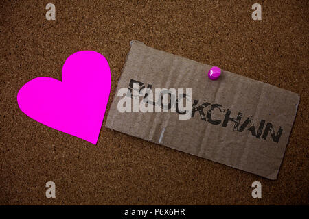 Text sign showing Blockchain. Conceptual photo Register Log Financial Statement Digital Data Technology Record Old damaged paperboard ideas message pu Stock Photo