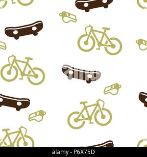 Skateboard, bike, whistle pattern seamless. Vector illustration. Isolated white background. Stock Vector