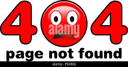 404 Page not found illustration. Red sad emoji face instead of number zero, with black text under it. Stock Vector