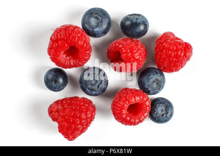 Top view - blueberries and raspberries isolated on white background. Stock Photo