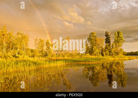 Beautiful rainbow in sunset, Latvia Stock Photo