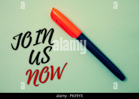 Text sign showing Join Us Now. Conceptual photo Enroll in community Register in website or form Recruit Pen cool background Ideas Messages Things reme Stock Photo