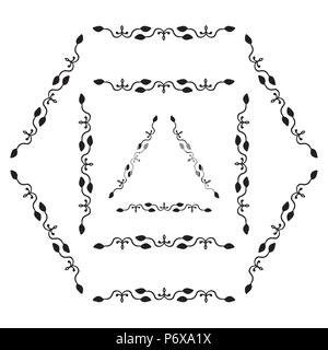 Set of decorative ornamental border with corner. Triangular, quadrangular, hexagonal frames. For children, women, wedding holiday Stock Vector