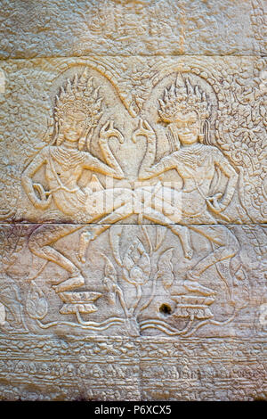 Apsara dancers, stone carvings at Banteay Kdei temple, Angkor, UNESCO World Heritage Site, Siem Reap Province, Cambodia Stock Photo