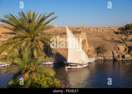 Egypt, Upper Egypt, Aswan, View towards Khnum ruins on Elephantine Island from the gardens at the Sofitel Legend Old Cataract hotel situated on the banks of the river Nile Stock Photo