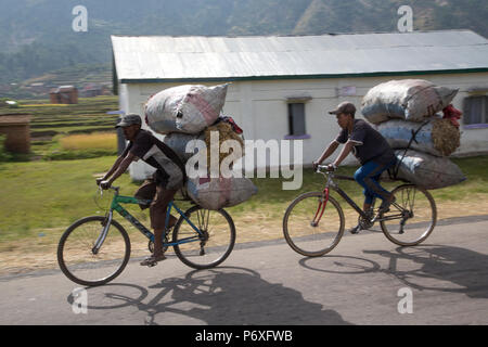 Two boys delivering bags of charcoal on their bicycles, Madagascar Stock Photo